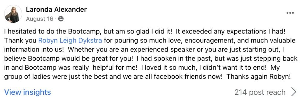 Facebook post from Laronda Alexander sharing that Boot Camp exceeded her expectations