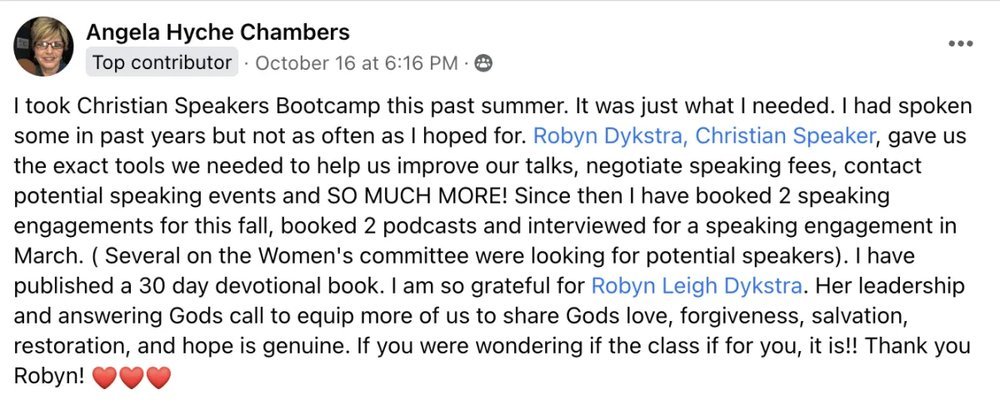 Facebook post from Angela Hyche Chambers listing her bookings after Christian Speakers Boot Camp
