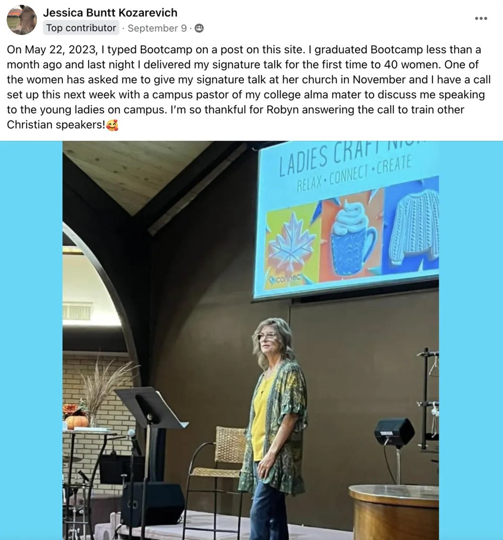 Facebook post from Jessica Buntt Kozarevich about delivering her signature talk to 40 women